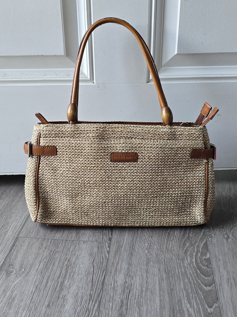Raffia Woven Vacation Shoulder Bag Tan Straw Woven Tote with Tan Leather Trim